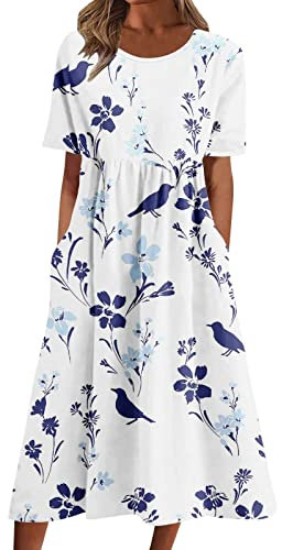 LUSHAasd Maxi Dresses for Women UK Lager Offers Deal of The Day Casual Loose Long Dress with Pockets Elegant Printed Dress Short Sleeve Vacation Dress UK Floral Crewneck Dress