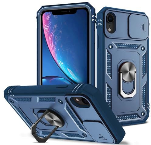 XYZNTMF for iPhone XR Case with Slide Camera Cover Rotatable Kickstand Case Military Grade Shockproof Soft Silicone Bumper Hard PC Anti-Scratch Phone Case for iPhone XR, Blue