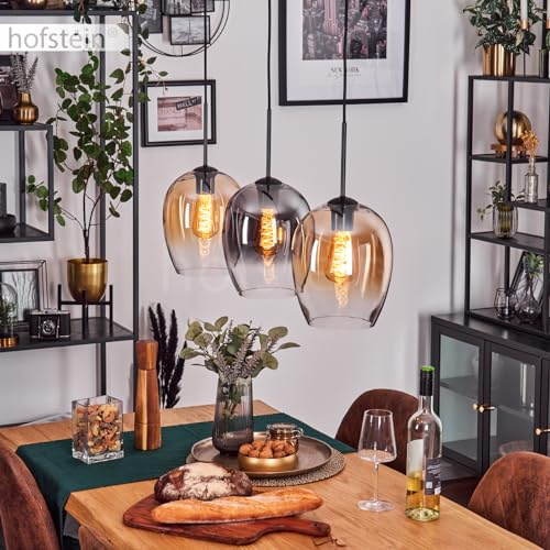 HOFSTEIN Pendelleuchte Vevino, moderne Hängeleuchte aus Metall/Glas in Schwarz/Bernstein/Rauch/Klar, Leuchte im Retro/Vintage-Design, Schirmen Ø 20 cm, Höhe max. 150 cm, 3 x E27, Esszimmer, Küche