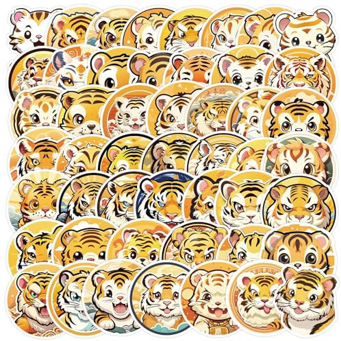 LYLSDSB Tiger Aufkleber 50 Stück Niedliche Cartoon Tier Aufkleber für Laptop Skateboard Gepäck Auto Telefon Gitarre Scrapbook Fahrrad,Wasserdicht Funny Tiger Sticker für Kinder Erwachsene