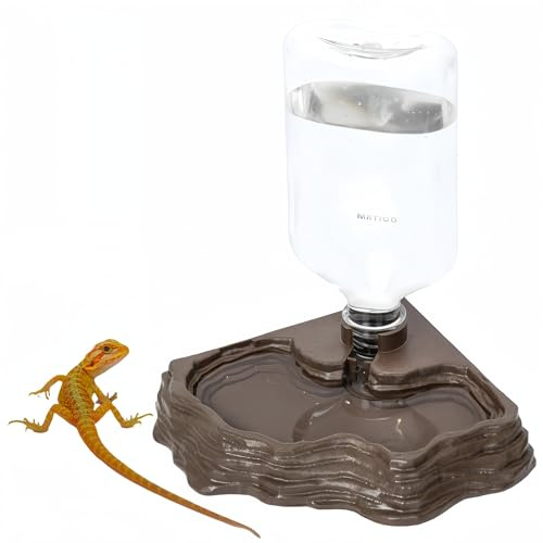 MRTIOO 17oz Terrarium Tank Reptile Food Feeders Bowl, Water Feeder Automatic Water Dispenser Waterer Feeding Accessories, for Geckos Lizards Turtle Bearded Dragons (Brown)