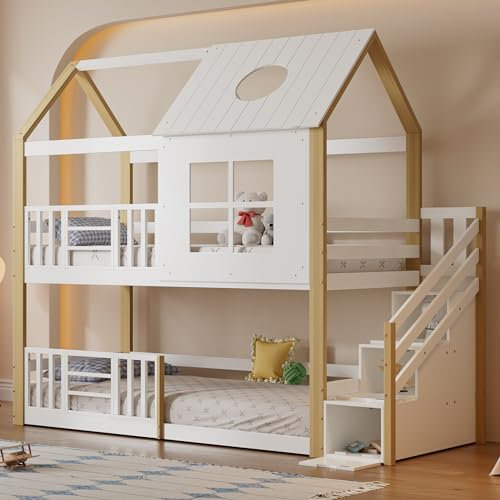 KUAKE Kinderbett Etagenbett 90 x 200, Hausbett für 2 Kinder, Hochbett mit Lattenrost, Treppe und Rausfallschutz, Baumhaus Bett mit Fenster und Dach, Kiefer MDF, Ohne Matratze