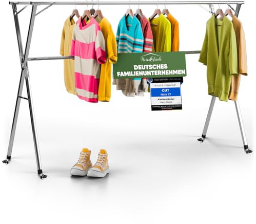 HeimGlück Kleiderständer/Wäscheständer + Tasche & Rollen Ben Silber [Ausziehbar 1.30-2.0m, klappbar, sehr Stabil Edelstahl] Jackenständer, Garderoben-Ständer, Flurgarderobe, offener Kleiderschrank