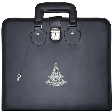 Freimaurer Past Master Schürzenkoffer schwarz Kunstleder - handbestickt (silbernes Emblem), MM Provinzgröße | Freimaurer-Tragetaschen, Schwarz