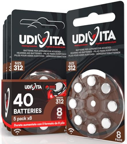 40 Hearing Aid Batteries Size 312 Udivita PR41 (Brown) Zinc-Air with Phono Pulse Technology - 5 Blisters of 8 Batteries
