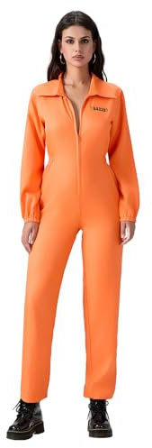 Felcia Adult Prisoner Jumpsuit Orange Prisoner Overalls Boiler Suit Convict Robber Fancy Dress Costume Carnival Party Cosplay Outfit (C-Orange Women, XL)