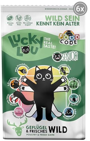 Lucky Lou Adult Trockenfutter für Katzen - Food Code Katzenfutter trocken für ausgewachsene Katzen, ohne Getreide & Zucker (750g (6er Pack), Senior Geflügel & Wild)