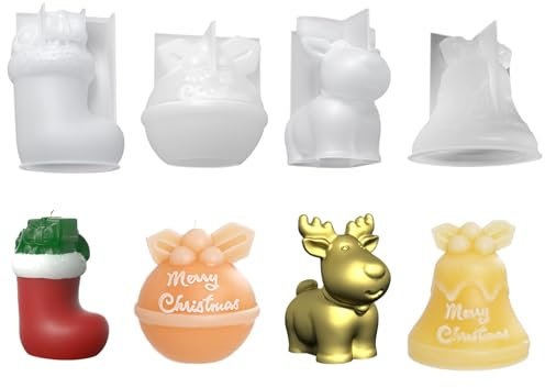 4 Stück Kerzenform Weihnachten Silikon 3D Silikonform Kerze Elch Kerzengießform Weihnachtsstrumpf Kerzenformen zum Gießen Formen für Epoxidharz DIY Weihnachtsglocken Form für Kerzenherstellung