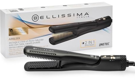 Bellissima AirSleek, plancha 2en1, seca y crea un alisado natural con aire, cabello protegido sin calor extremo, ionizador, revestimiento cerámico y queratina. 2 temperaturas