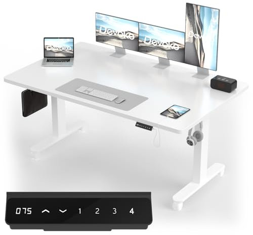 Devoko Höhenverstellbarer Schreibtisch mit 2 Motoren,25mm Einteilige Tischplatte, 160x80 cm Mobiler Elektrisch Computertisch mit Kabel Management, weiß - Perfekte Ergonomie für Dein Büro
