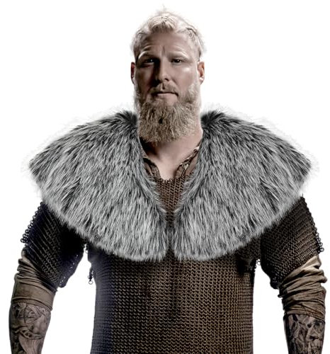 Capaneus Viking Kunstfell Kragen, Wikinger Fell Schal, Mittelalter Umhang Pelz Herren, Wikinger Kostüm Accessoire für Halloween Karneval Cosplay Thema Party