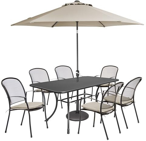 KETTLER Caredo 6 Seat Dining Set- 6-Seater Table with Chairs and Parasol. Garden Furniture, Outdoor Table and Chairs. Sturdy, Durable, Weather-proof for All Year Round. (Stone)