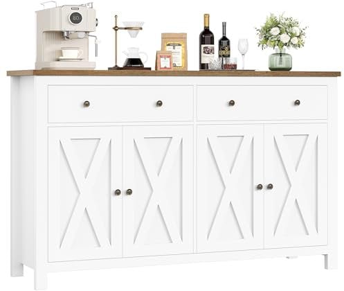 FirFurd Sideboard 140cm Breit Küchenschrank mit Arbeitsplatte Buffetschrank mit 2 Schubladen und 4 Türen Küchenbuffet mit Verstellbares Regal Sideboard für Küche Wohnzimmer Esszimmer weiß 140x89x40 cm