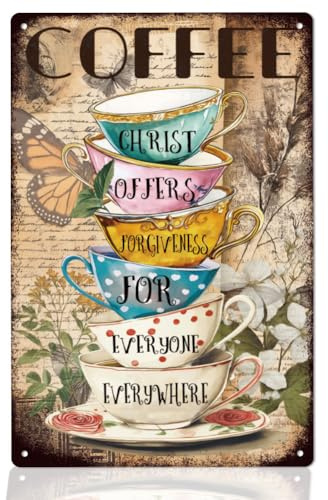 WEBEEDY Coffee Sign Metal Tin Sign, Christ Offers Forgiveness for Everyone Everywhere Sign Coffee Wall Decor Wall Plaque for Coffee Bar Shop Pub Decor Gift for Coffee Lover, 20x30cm