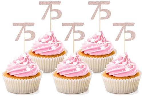 Sotpot 30PCS 75th Birthday Cupcake Toppers Rose Gold Glitter 75th Cupcake Picks for Happy 75th Birthday Party Decorations