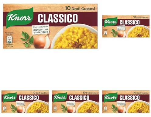 Knorr Dado Classico, Basso Contenuto di Grassi, Senza Glutine, Lattosio, Coloranti e Conservanti, Perfetto per Fondo Bruno e Brodo Vegetale, 10 Dadi Gustosi (Confezione da 5)
