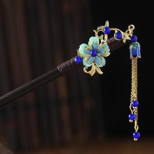 Palillo de pelo azul, palillos de madera retro para el pelo, palillos chinos japoneses vintage con borlas, accesorios de peinado Hanfu para fiesta de boda