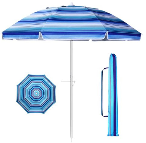 FEFLO Sonnenschirm Strand, Ø 2m große Gartenschirm Marktschirm mit beidseitig um 30° knickbar, Winddichter und LSF 50+ Sonnenschutz mit Belüftungsöffnungen für Reisen, Garten, Rasen, Pool (Blau)