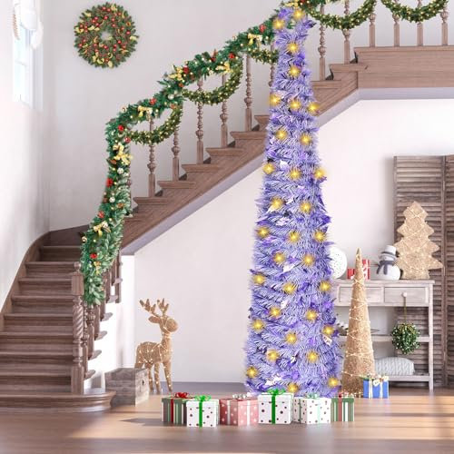 Albero di Natale pop-up da 1,5 m, albero di Natale pieghevole, con luci e supporto, decorazione natalizia per casa, ufficio, feste, interni ed esterni (elegante viola)