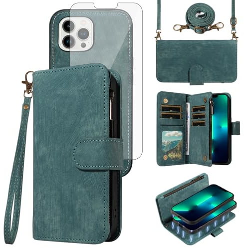 Phone Case for iPhone 13 Pro Max 2021 6.7 inch Zipper Wallet Cell Cover with Screen Protector Crossbody Lanyard Strap Card Holder iPhone13promax 5G i Phone13Max Plus iPhone13 ProMax Women Girls Blue