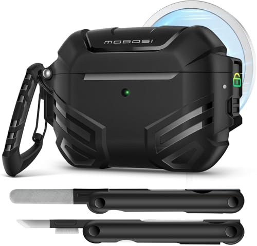 MOBOSI Custodia per AirPods Pro 3 con serratura, compatibile con AirPod Pro di terza generazione [compatibile con MagSafe], custodia protettiva di grado militare con kit di pulizia e portachiavi da