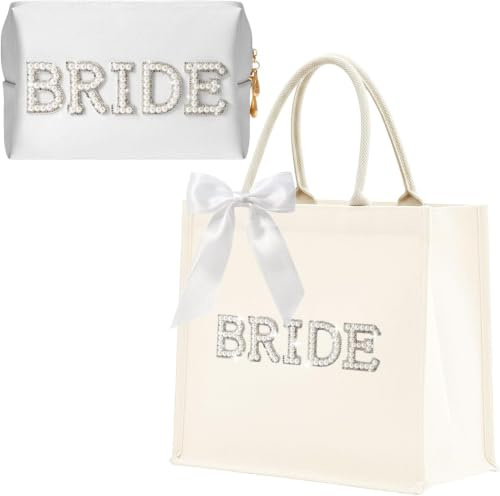Bride Tote Bag with Makeup Bag, White Cosmetic Bag with Pearl Letter, Personalized Bride to Be Gifts for Bridal Shower Wedding Bachelorette Party Engagement Honeymoon