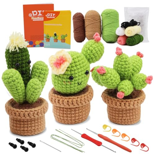 Häkelset für Anfänger (Erwachsene und Kinder) – Kaktuspflanzen-Familien-Häkel-Strickset, inklusive Garn, Werkzeugen und Anleitung (evtl. nicht in deutscher Sprache)
