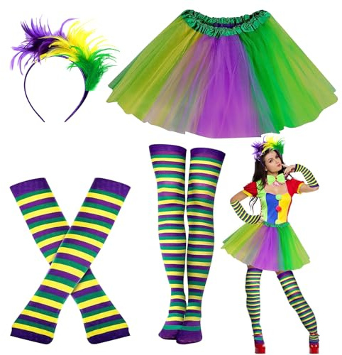 Phlognfy Karneval Regenbogen Damen Kostüm, 80er Jahre Kostüm Neon Zubehör Outfit, mit Regenbogen Tüllrock Handschuhe, Socken und Haarschmuck, für Halloween-Karnevalsparty der 80er und 90er Jahre