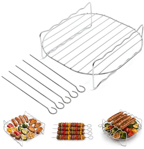 Universal Air Fryer Grill Rack with 5 Skewers, 20cm/8inch Cooking Tray | Stainless Steel Cooking Insert Tray, Elevated Grilling Stand for Bosch Ninja, Cosori, Philips, Tefal, Tower & 20cm+ Baskets