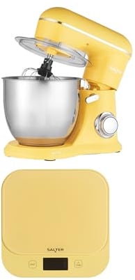 Salter British Bakes Stand Mixer & Scale Set – Electric Food Whisk with 5 Litre Bowl & 10 Speeds, High Capacity 10kg Waterproof Digital Glass Baking Scale, Tare Function, 1g Precision, Yellow