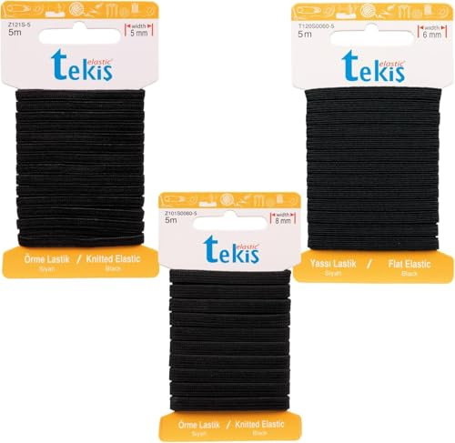 Reißfeste Gummiband Flachgummi 5 mm 5 m & 6 mm 5 m & 8 mm 5 m Schwarz | Gummibänder zum Nähen, Breit, Elastisch, Gummilitze für Handarbeit, Hosengummi, Basteln & DIY, Langlebig & Formstabil