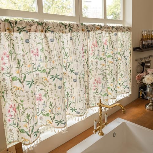Devola Scheibengardinen Landhausstil Blumen HxB 45x90cm Naturfarben 1Stück | Kurzgardine Halbtransparent Bistrogardine mit Quasten Vintage Gardinen Landhaus, Kurz Vorhänge für Kleine Fenster