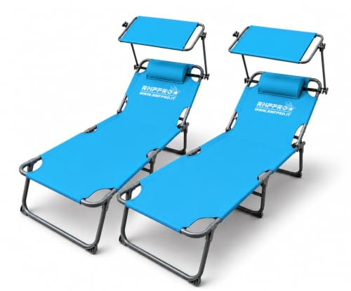 RMF PRO Set 2 Lettini Prendisole da Giardino o Spiaggia con Parasole, Lettino Mare Regolabile in 4 Posizioni - Struttura in Acciao Sdraio da Giardino Pieghevole Portatile, Cuscino Poggiatesta Blu