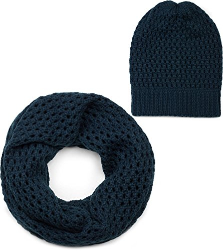 styleBREAKER Strick Loop Schal und Mütze Set, Loch Muster Strickschal mit Beanie Strickmütze, Winter, Unisex 01018210, Farbe:Dunkelblau