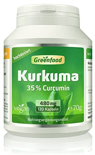 Kurkuma Kapseln, hochdosiert, 480mg - 120 Kapseln, vegan. Kurcuma Wurzel-Extrakt mit 75 mg reinem Curcumin pro Kapsel. OHNE künstliche Zusätze - laborgeprüft. Von Greenfood.