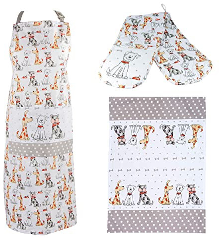 SPOTTED DOG GIFT COMPANY 3 Piece Kitchen Textiles Set - Dog Apron, Double Oven Gloves & Tea Towel, 100% Cotton, Cute Animal Themed Kitchen Accessories for Cooking & Baking, Gifts for Dog Lovers