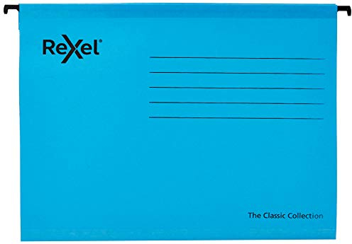 Rexel Classic A4 Reinforced Suspension Files for Filing Cabinets, 15 mm V base, 100 Percent Recycled Card, Blue, Pack of 25, 2115587