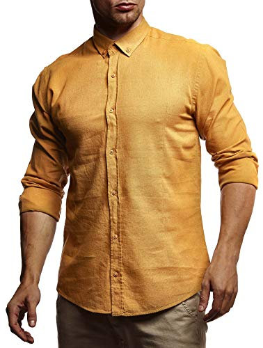 Leif Nelson LN3875 Chemise à manches courtes d’été en lin et en coton pour homme, col montant, manches longues, coupe ajustée pour les loisirs, Moutarde, M