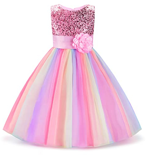 Uhnice Vestito Bambina Principessa Tulle Paillettes Arcobaleno Abito Cerimonia Damigella d'Onore Matrimonio Festa Compleanno