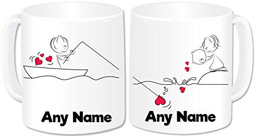 Personalised Mr and Mrs Gifts Mugs Set of 2 Coffee Cups - Romantic Love Hearts Couples Gifts Idea for Engagement Wedding Anniversary Valentines Present (Design: Fishing Boat)