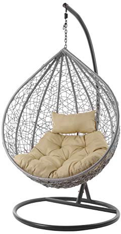 KIDEO Komplettset: großer Hängesessel mit Gestell & Kissen, Korbsessel, Poly-Rattan (Korb: hellgrau & Gestell: grau, Kissen: Hellbraun Chester-Stepp (7007_capucchino))