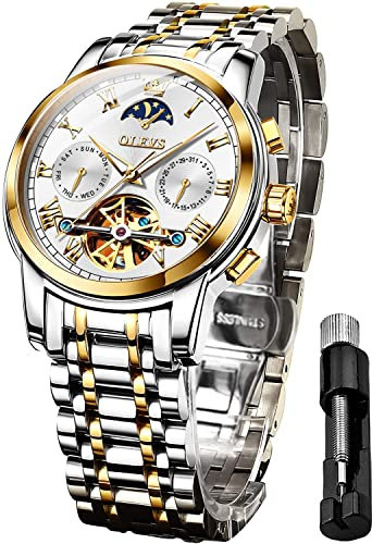 OLEVS Herrenuhren Automatik Weiß Skelett Mechanische Luxus Kleid Armbanduhr mit Mondphase Tag Datum Wasserdicht Leuchtende Zweifarbige Uhr