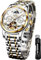 OLEVS Herrenuhren Automatik Weiß Skelett Mechanische Luxus Kleid Armbanduhr mit Mondphase Tag Datum Wasserdicht Leuchtende Zweifarbige Uhr