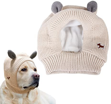 Gestrickte Hundemützen, Winter Haustier Hund Ohrenschützer Ohrenwärmer Abdeckungen Lärmschutz Hundekopf Wrap Kaninchen Kostüm Ruhige Ohren für mittelgroße Hunde Katzen (BEIGE)