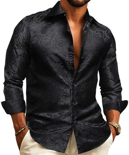 Barry.Wang Men Dress Shirt Silk Luxury Paisley Floral Long Sleeve Big and Tall Wedding Party Casual Business Formal Shirts Black S-3XL
