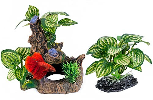 Ameliade Aquarium Cave Decorations Fish Tank Artificial Silk Plants Ornaments Leaf Pad Hammock Hides Decor Small Fish Bowl Accessories Beta Toys (2PCS)