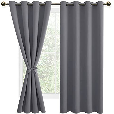 DWCN Vorhang Blickdicht mit Raffhalter Verdunkelungsgardinen mit Ösen 2 Stücke Thermogardine für Wohnzimmer Schlafzimmer Curtains Blackout Vorhang Wärmeisolierend, Grau,137x132cm(HxB)