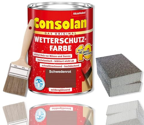 Consolan Wetterschutzfarbe Set 750 ml Holzfarbe Dauerschutz Deckend mit Zubehör (Schwedenrot)