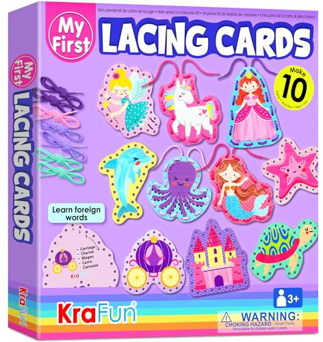 KRAFUN Einhorn-Schnürkarten-Set für Kinder ab 3 Jahren, 10 Anfänger-Projekte mit Prinzessin, Meerjungfrau, Schloss, Anleitung, Feinmotorik-Spielzeug