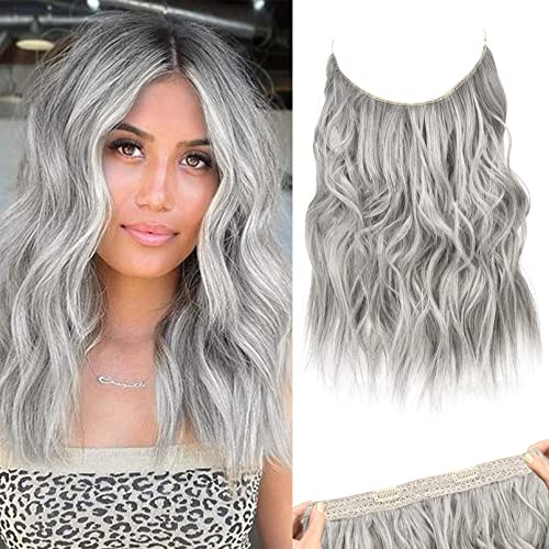 REECHO Secret Clip in Extensions - Invisible Wire Haarverlängerungen Kurz & lockig-wellig in Hair Extensions Synthetisches Haarteil mit natürlichem Look für Frauen - Silbergrau